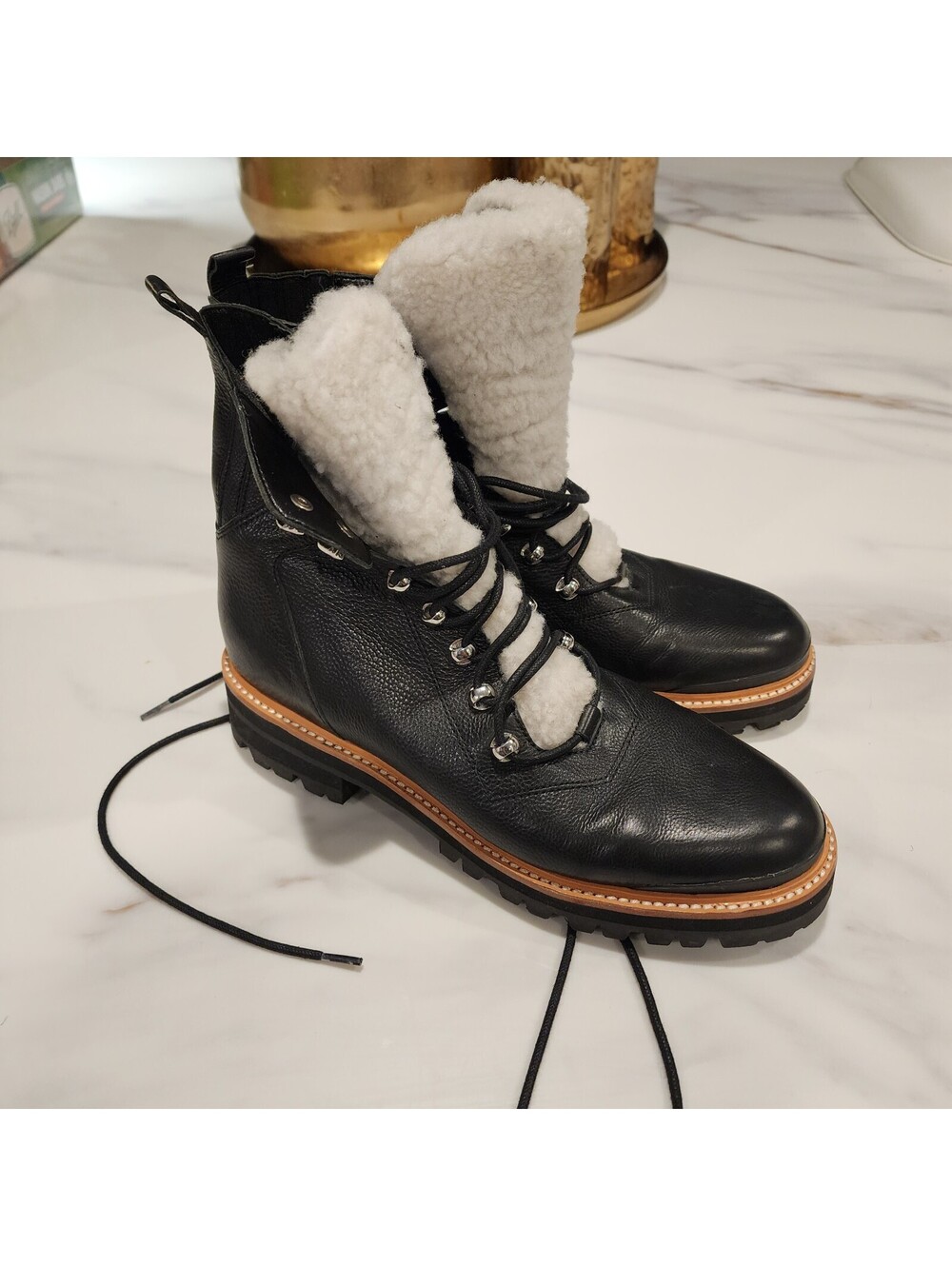Marc Fisher Izzie Black Leather Faux-Shearling Combat Boots Women’s 10